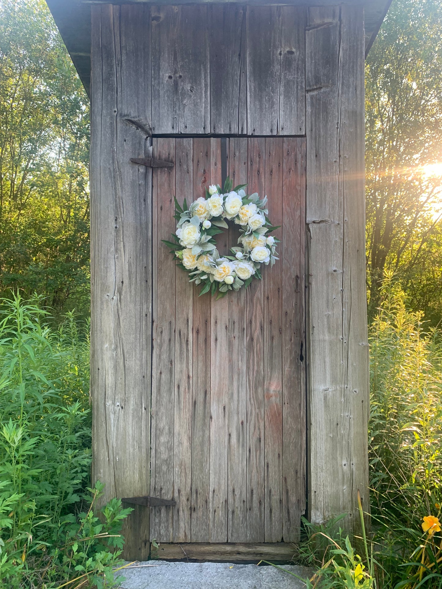 Cream Peony and Lambs Ear Wreath