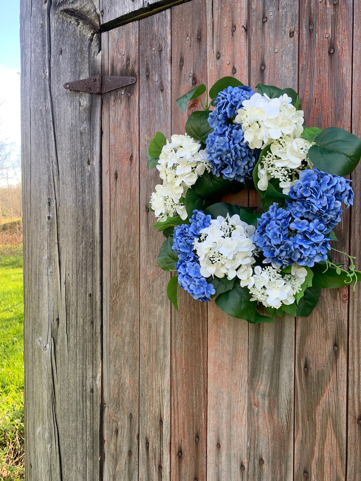 Blue and White Snowball Hydrangea Wreath
