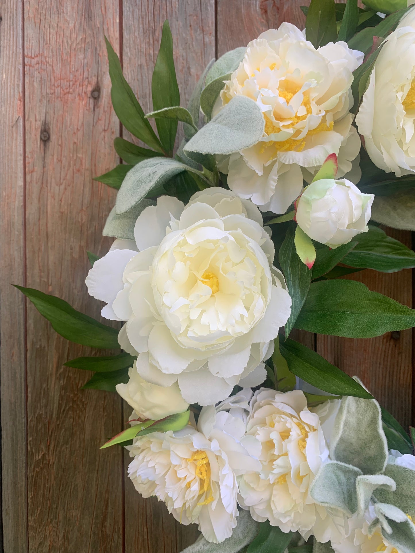 Cream Peony and Lambs Ear Wreath