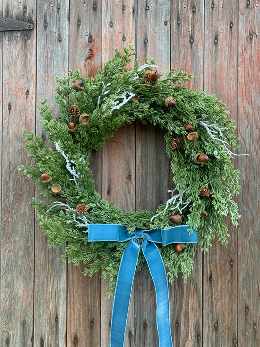 Iced Cedar and Acorn Winter Wreath