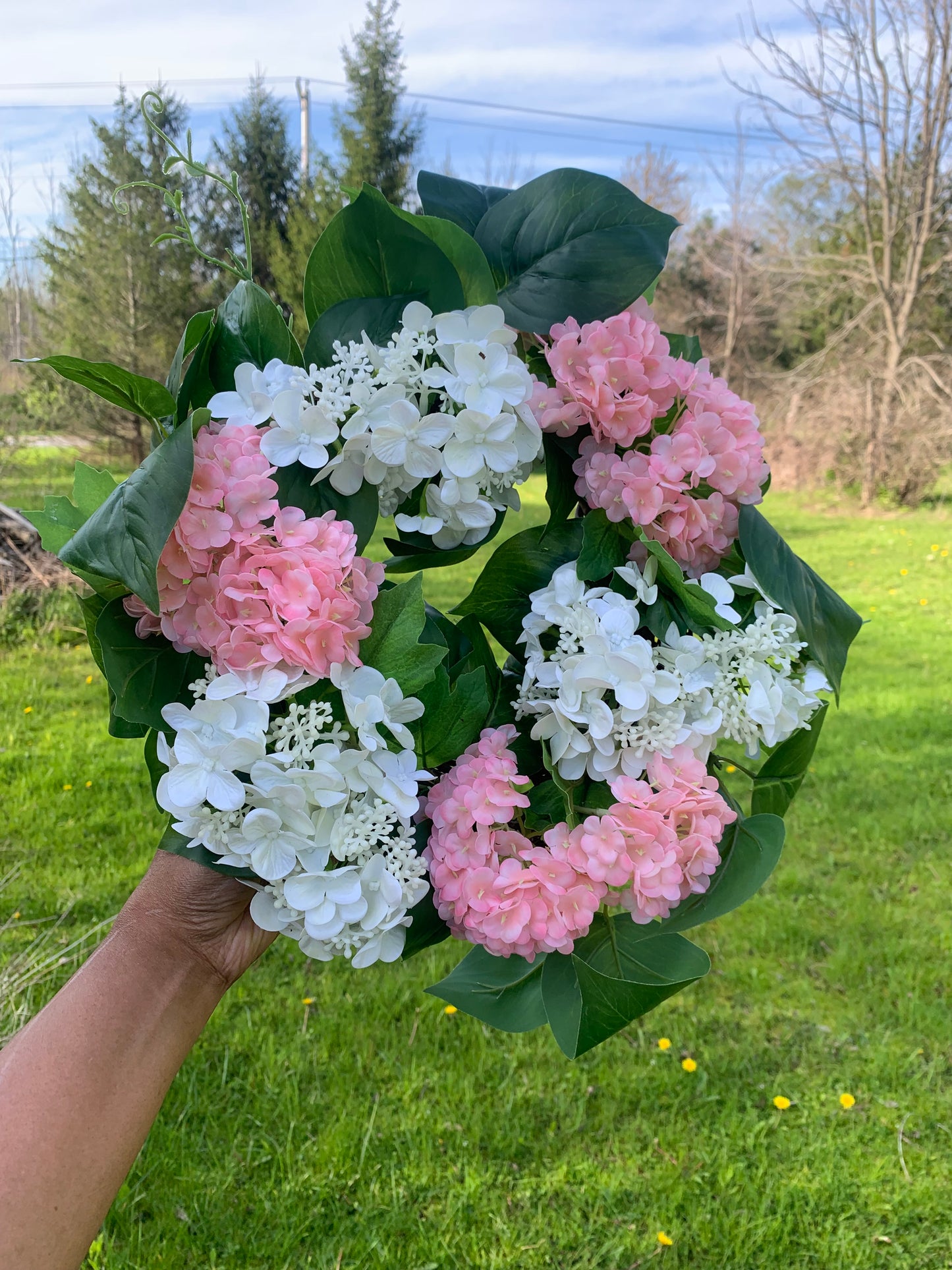 Pink and White Snowball Hydrangea Wreath