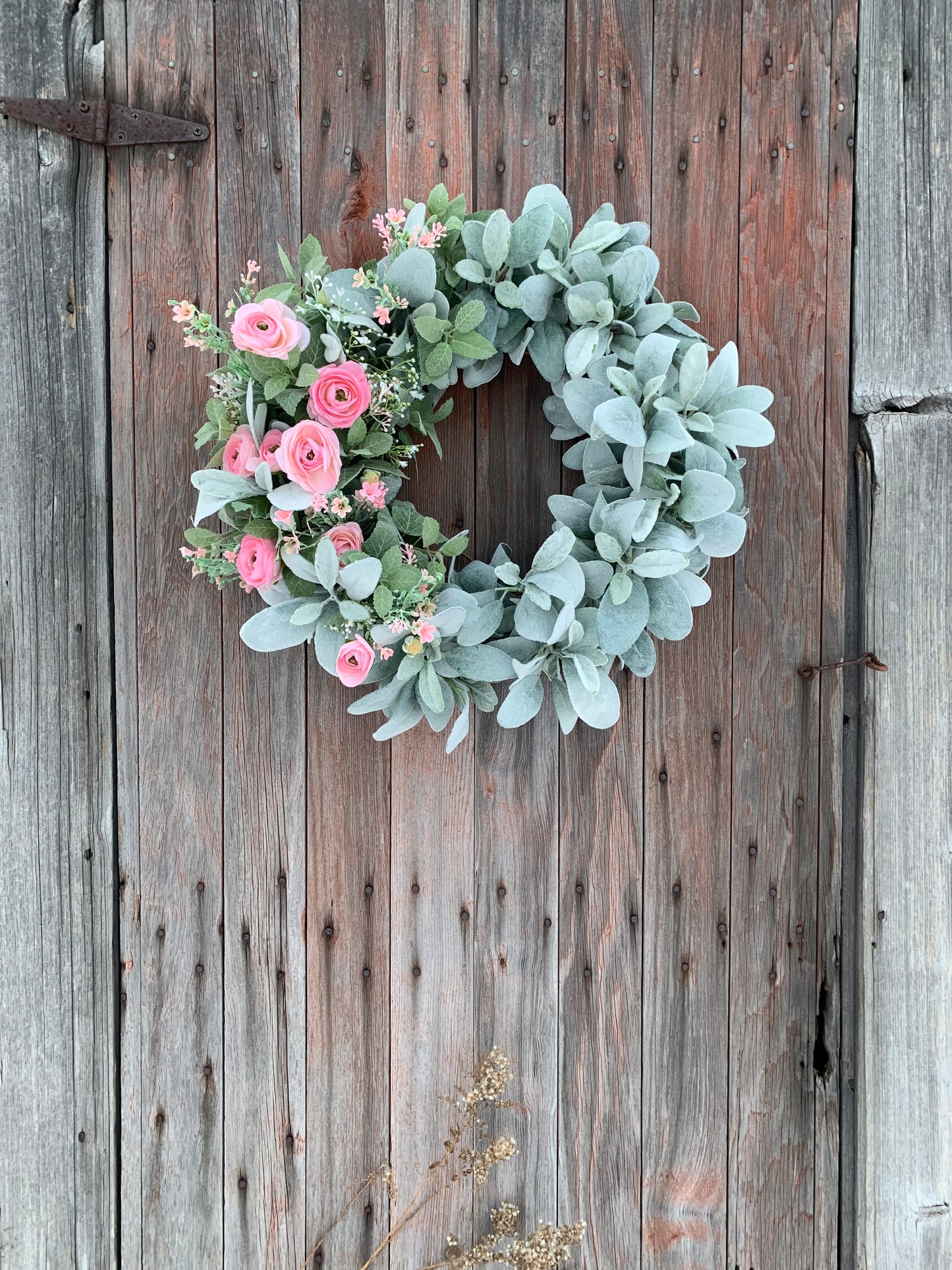 Blush Ranunculus and Lambs Ear Wreath