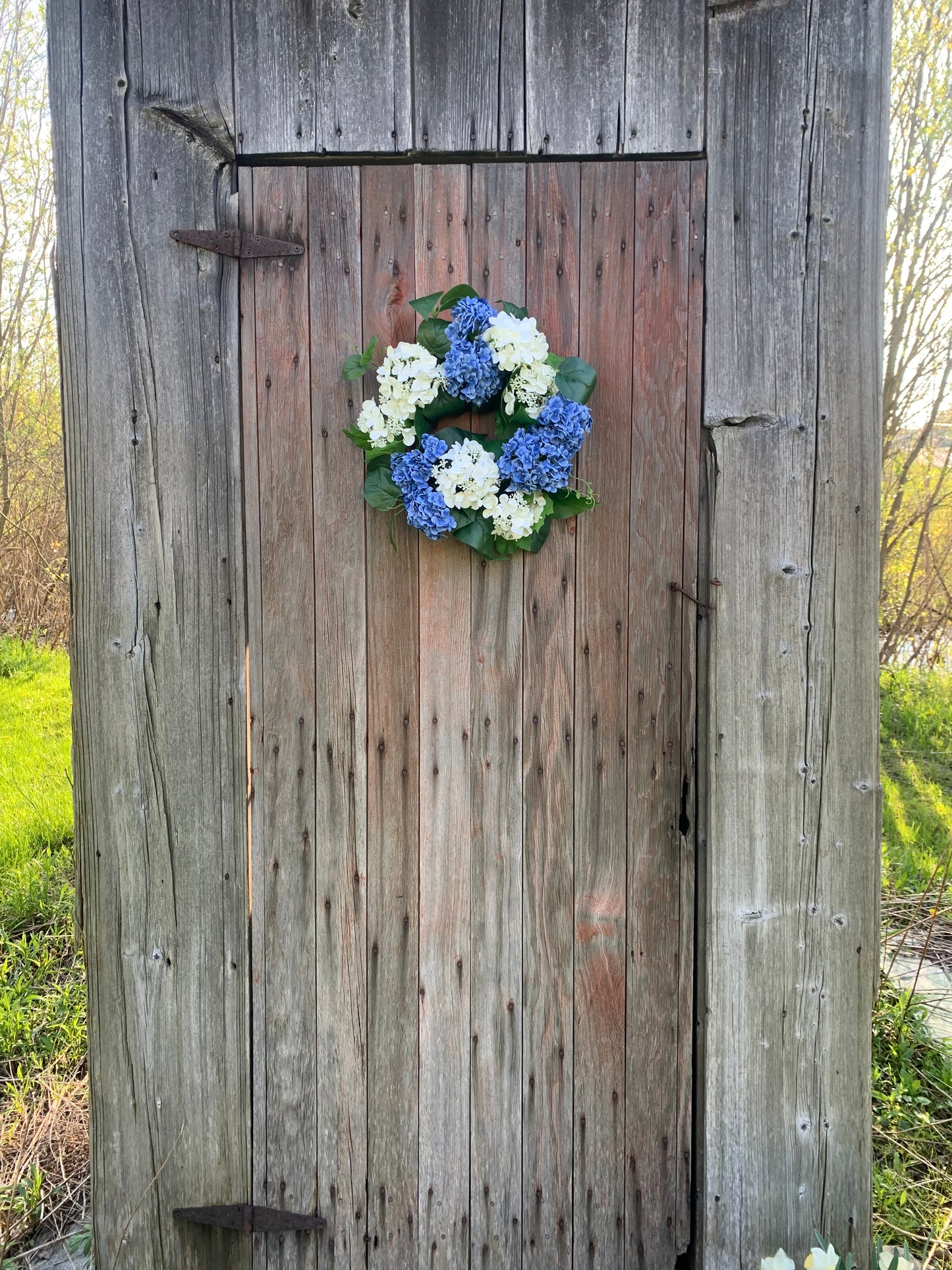 Blue and White Snowball Hydrangea Wreath