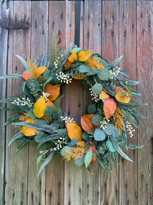 Mixed Eucalyptus Orange Leaf Wreath