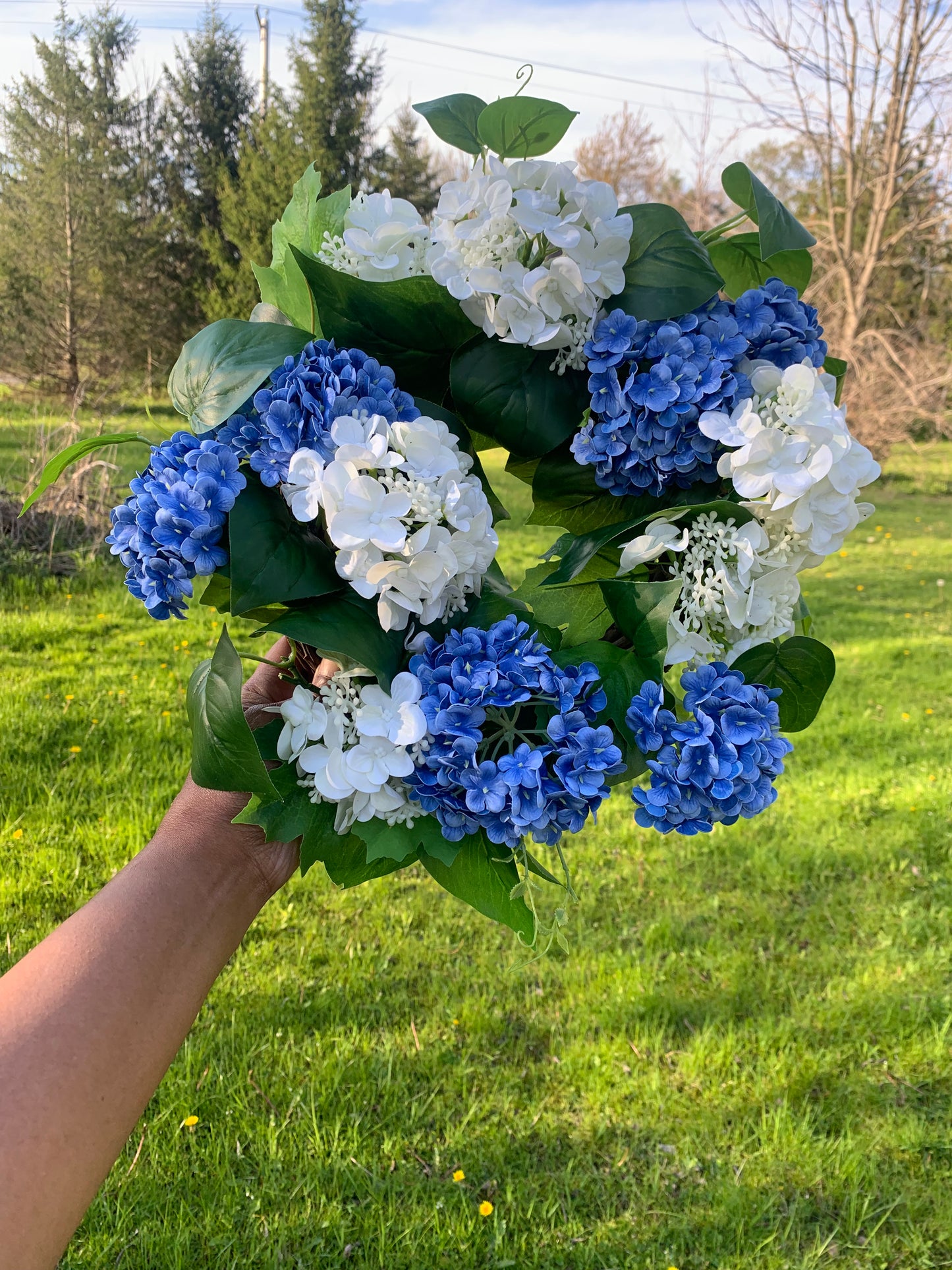 Blue and White Snowball Hydrangea Wreath
