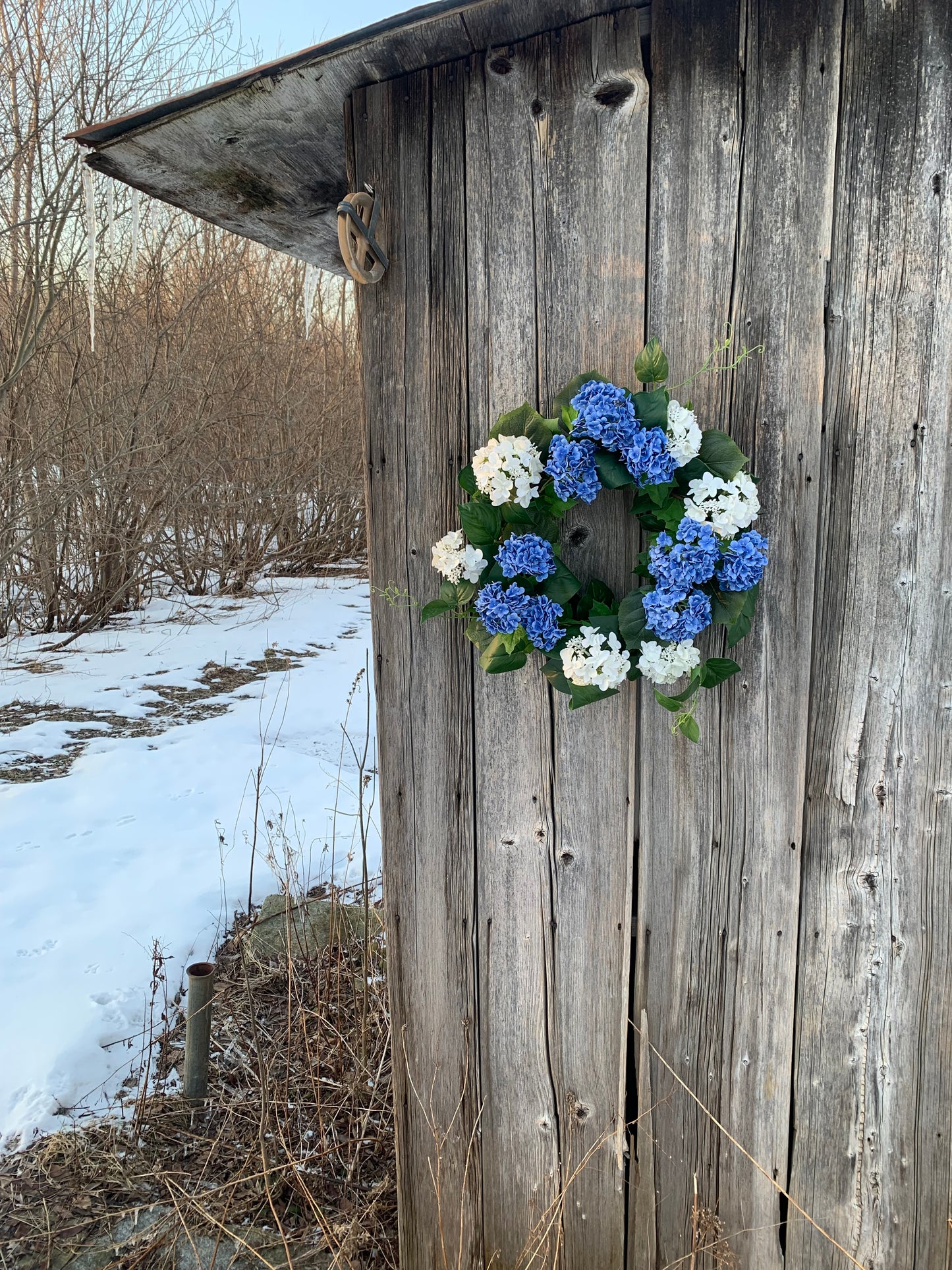 Blue and White Snowball Hydrangea Wreath