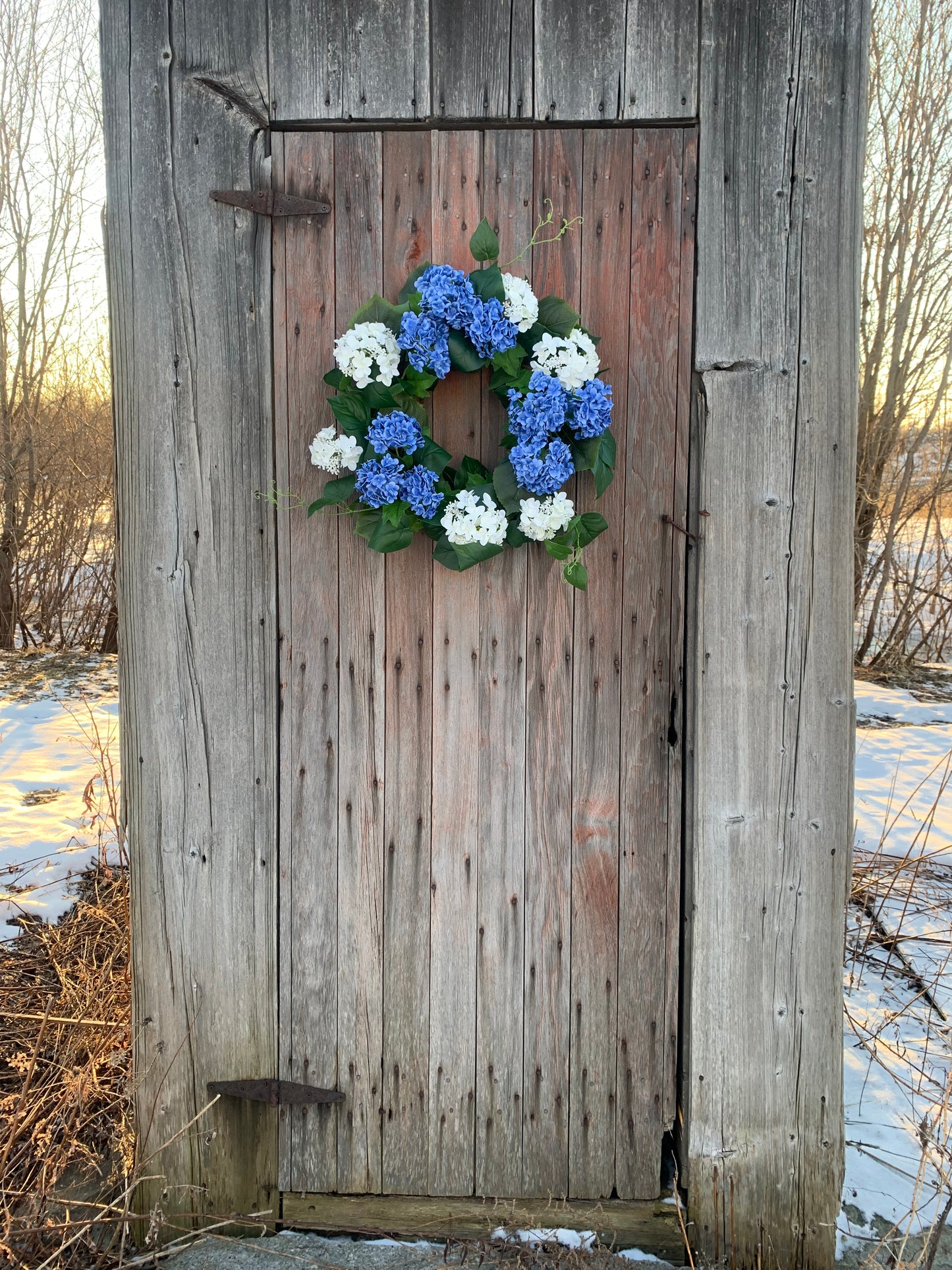 Blue and White Snowball Hydrangea Wreath