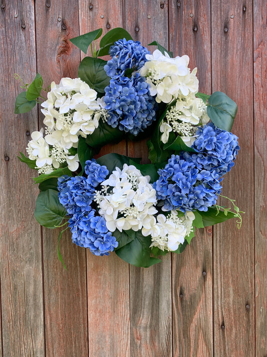 Blue and White Snowball Hydrangea Wreath