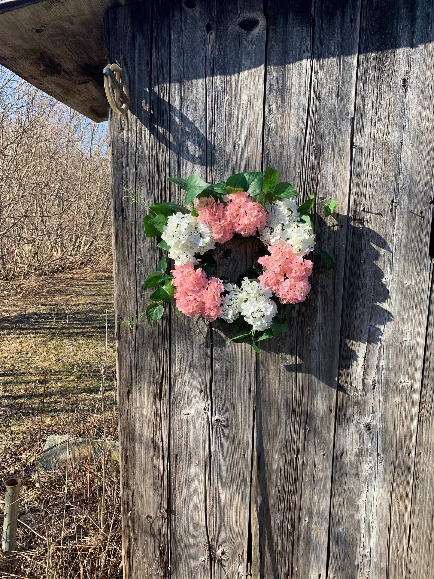 Pink and White Snowball Hydrangea Wreath