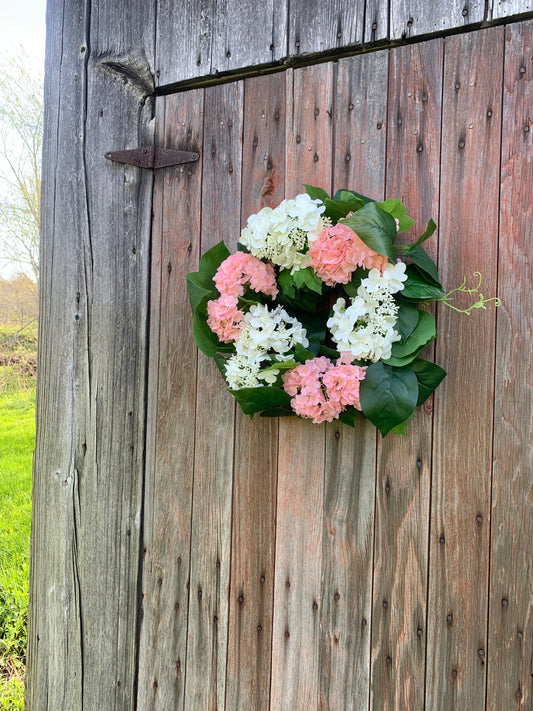 Pink and White Snowball Hydrangea Wreath