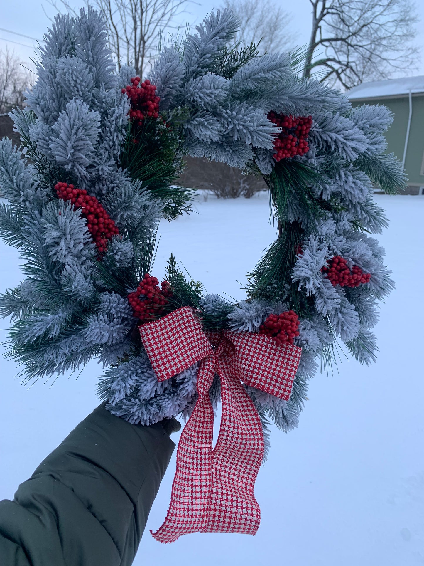 Snowy Pine and Red BerryWinter Wreath