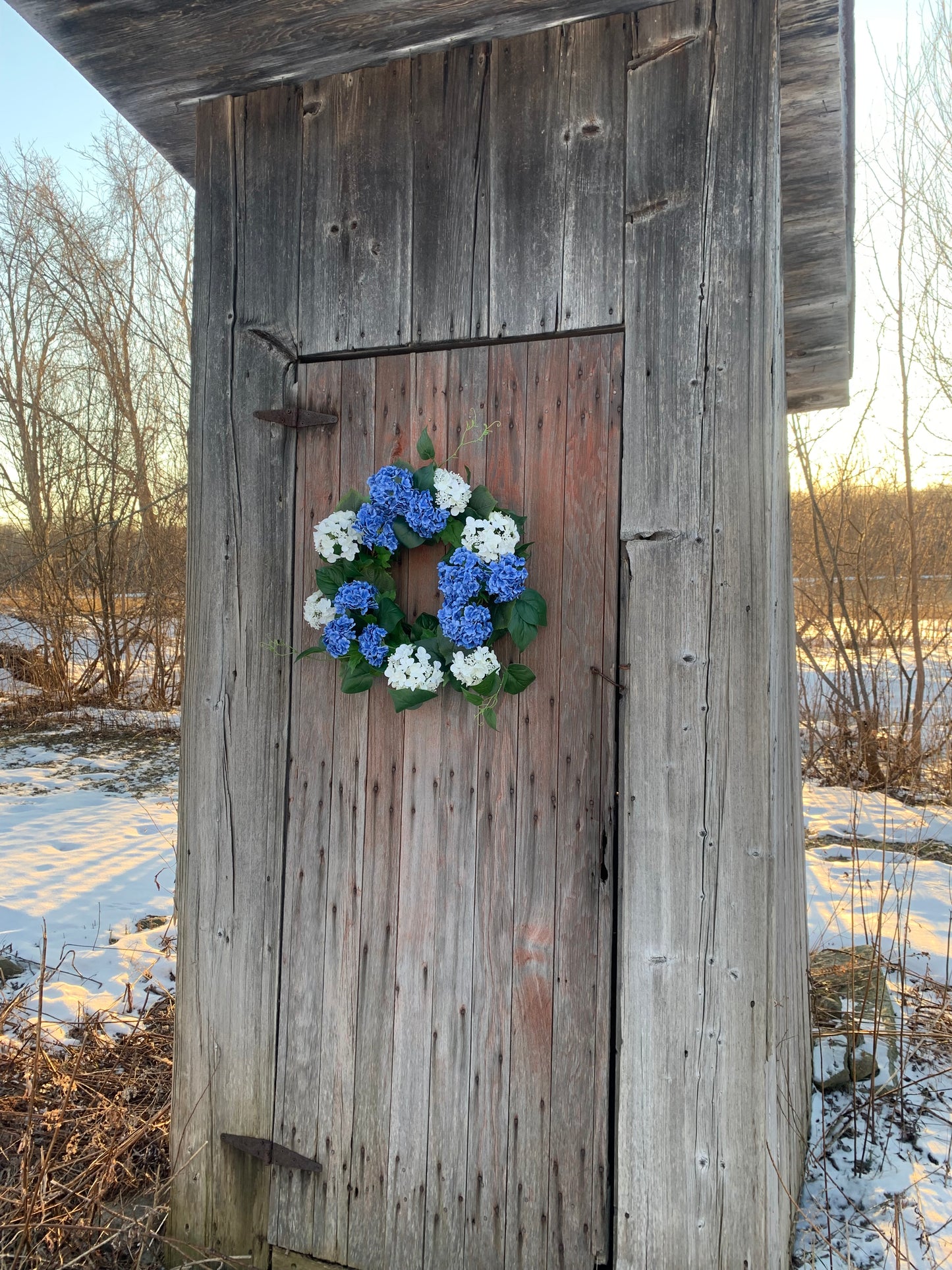 Blue and White Snowball Hydrangea Wreath