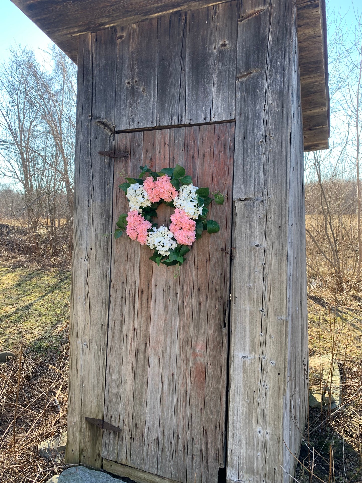 Pink and White Snowball Hydrangea Wreath