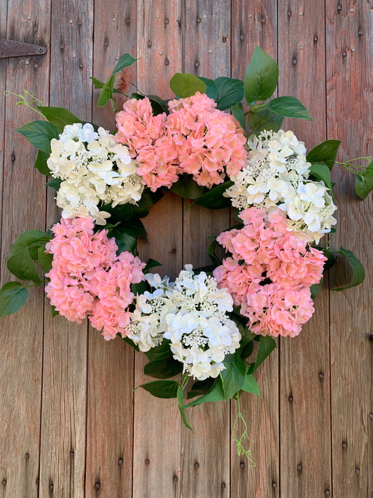 Pink and White Snowball Hydrangea Wreath