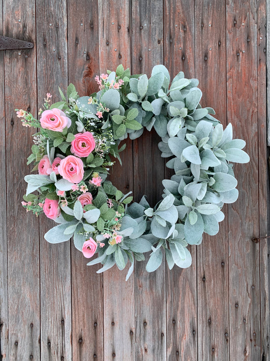 Blush Ranunculus and Lambs Ear Wreath