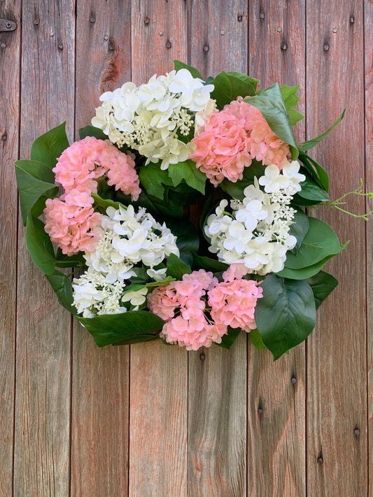 Pink and White Snowball Hydrangea Wreath