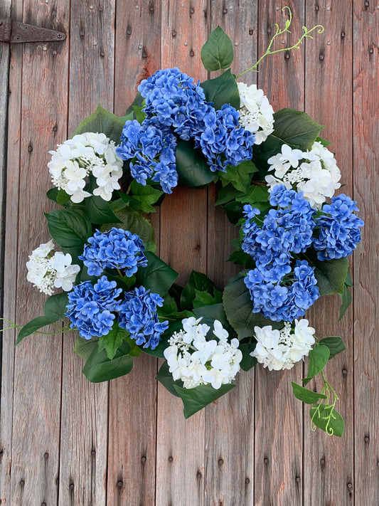Blue and White Snowball Hydrangea Wreath