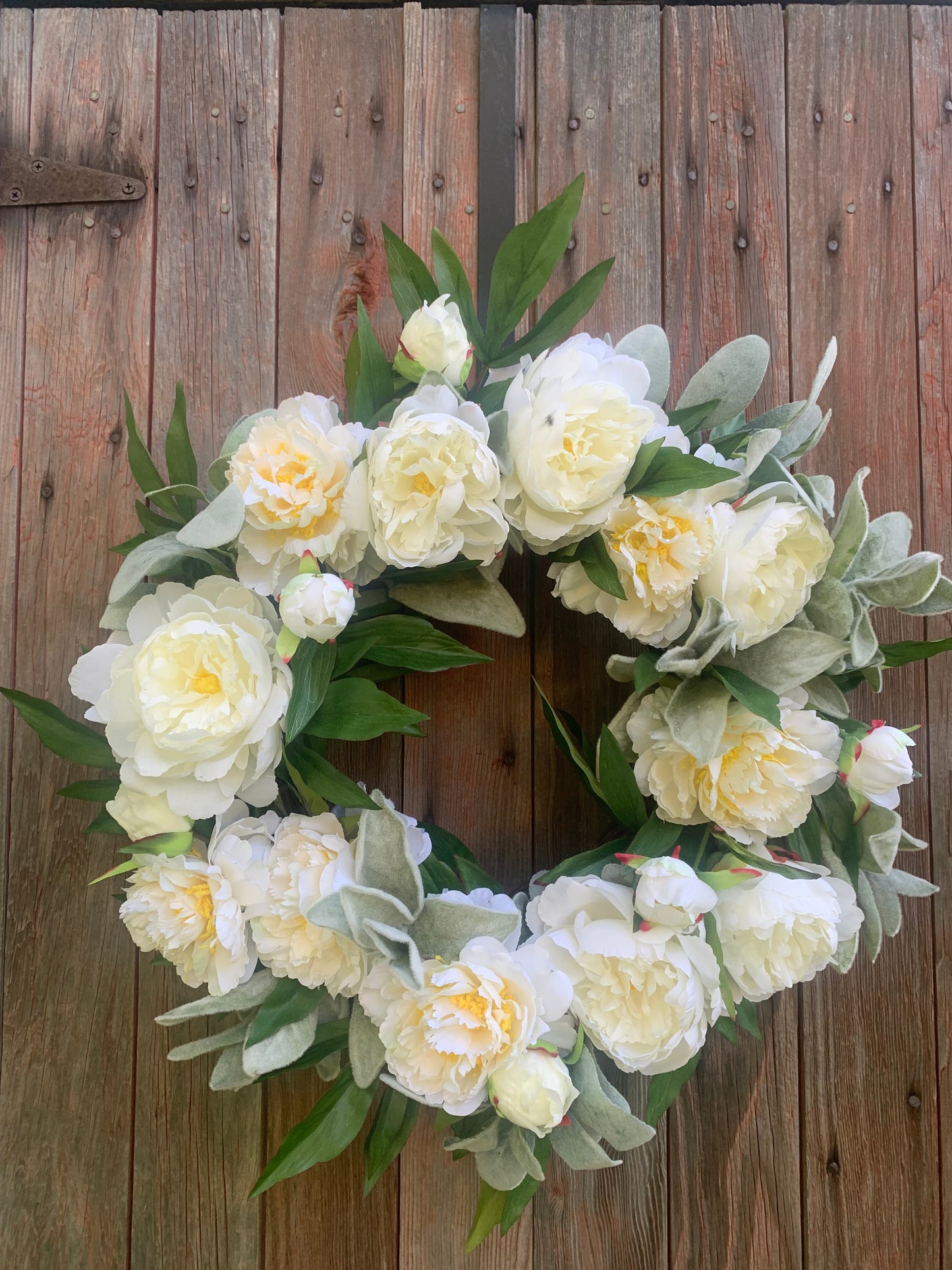 Cream Peony and Lambs Ear Wreath