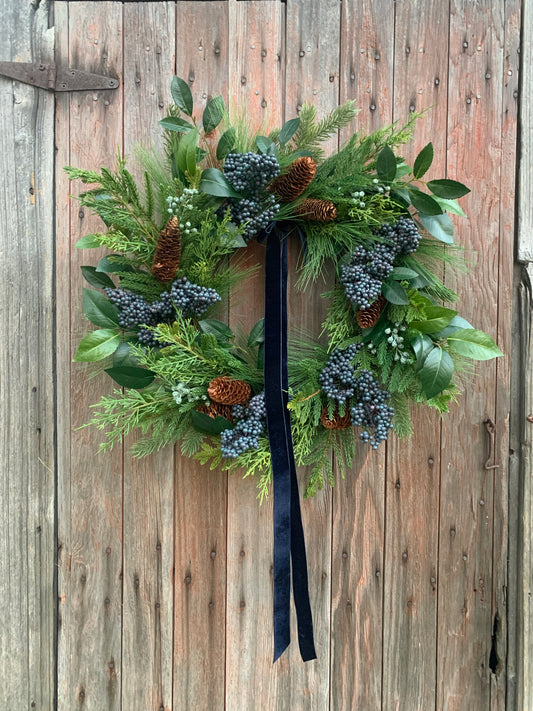Mixed Evergreen and Blue Berry Winter Wreath